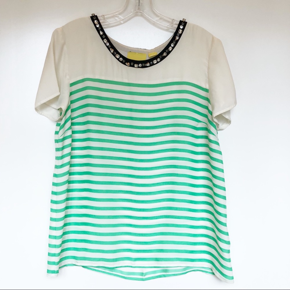 Maeve Anthropologie Jeweled Neck Striped Sheer M